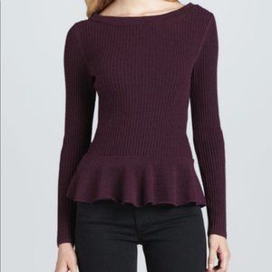 Tory Burch Ramona Peplum Merino Wool Sweater In Plum Long Length  [090]